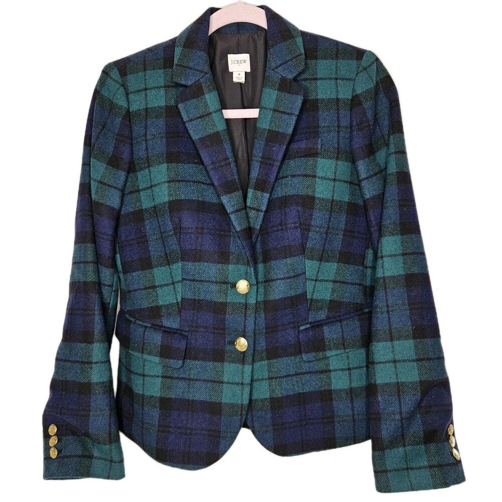 J. Crew Black Watch Wool Blend Tartan Plaid Schoolboy Blazer, Blue Green, Size 4
